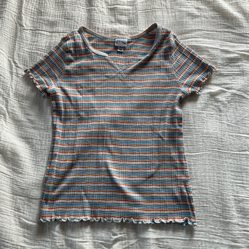 Art Class T Shirt Ribbed Striped Cotton Blue Orange Lettuce Edge Casual  kids L